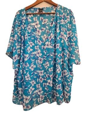 Torrid Button-Up Womens 3 Blue Floral Kimono Short Sleeve Chiffon Sheer
